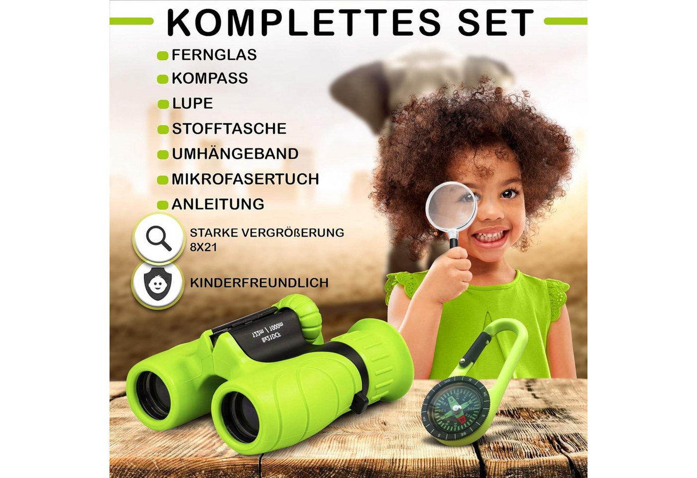 ibettertec 8x21 Kinderfernglas,Outdoor-Spielzeug Fernglas für Kinder,Grün Kinderfernglas (Mit Kompass, Lupe und Reinigungstuch, für Kinder 3-12 Jahre, Geschenk) Bild 2