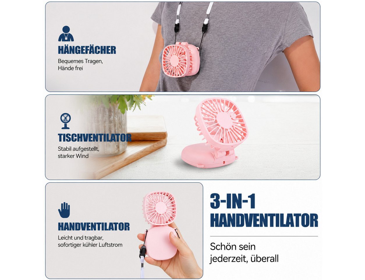 nsihing Handventilator Handventilator 3-in-1, Tragbarer Klappbarer Ventilator, 3 Windstufen, Leicht, Kompakt & Wiederaufladbar