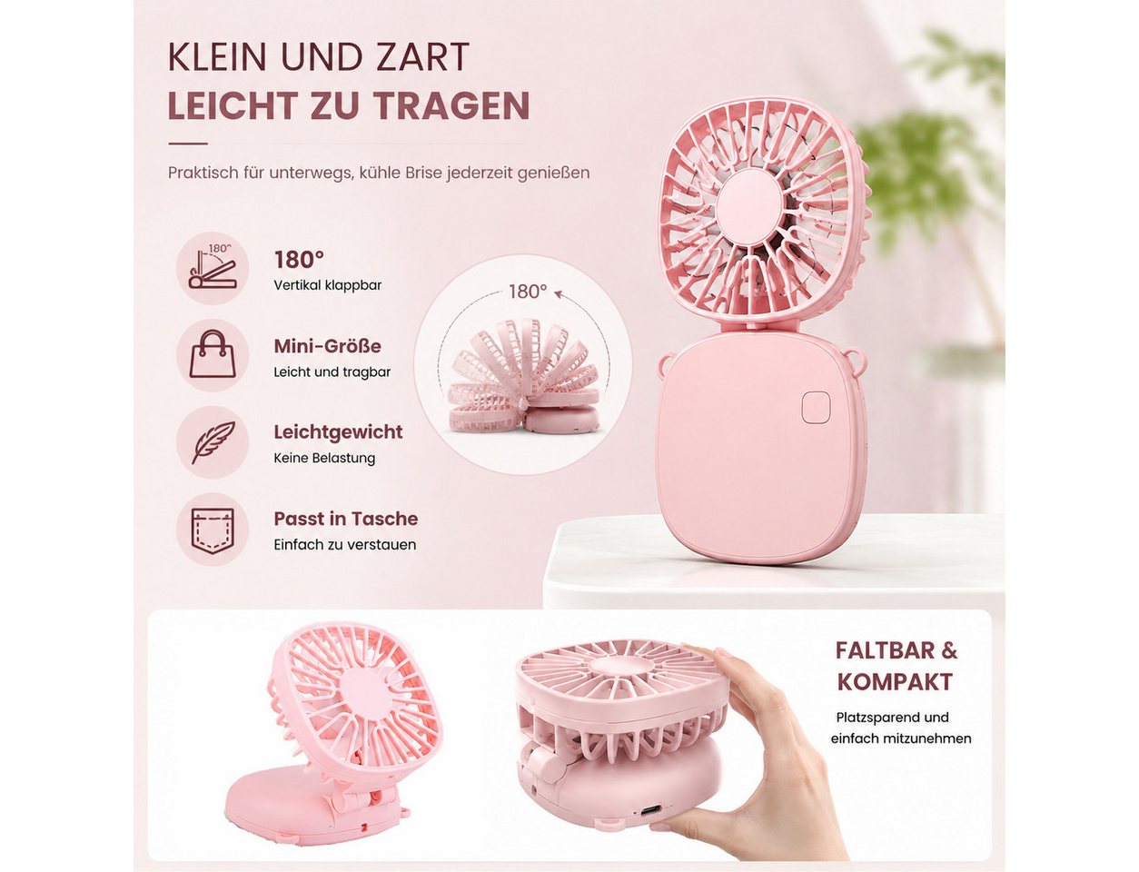 nsihing Handventilator Handventilator 3-in-1, Tragbarer Klappbarer Ventilator, 3 Windstufen, Leicht, Kompakt & Wiederaufladbar Bild 2