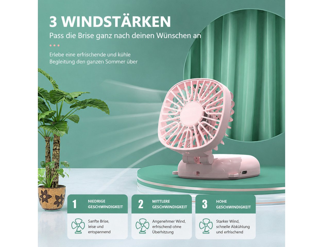 nsihing Handventilator Handventilator 3-in-1, Tragbarer Klappbarer Ventilator, 3 Windstufen, Leicht, Kompakt & Wiederaufladbar Bild 3
