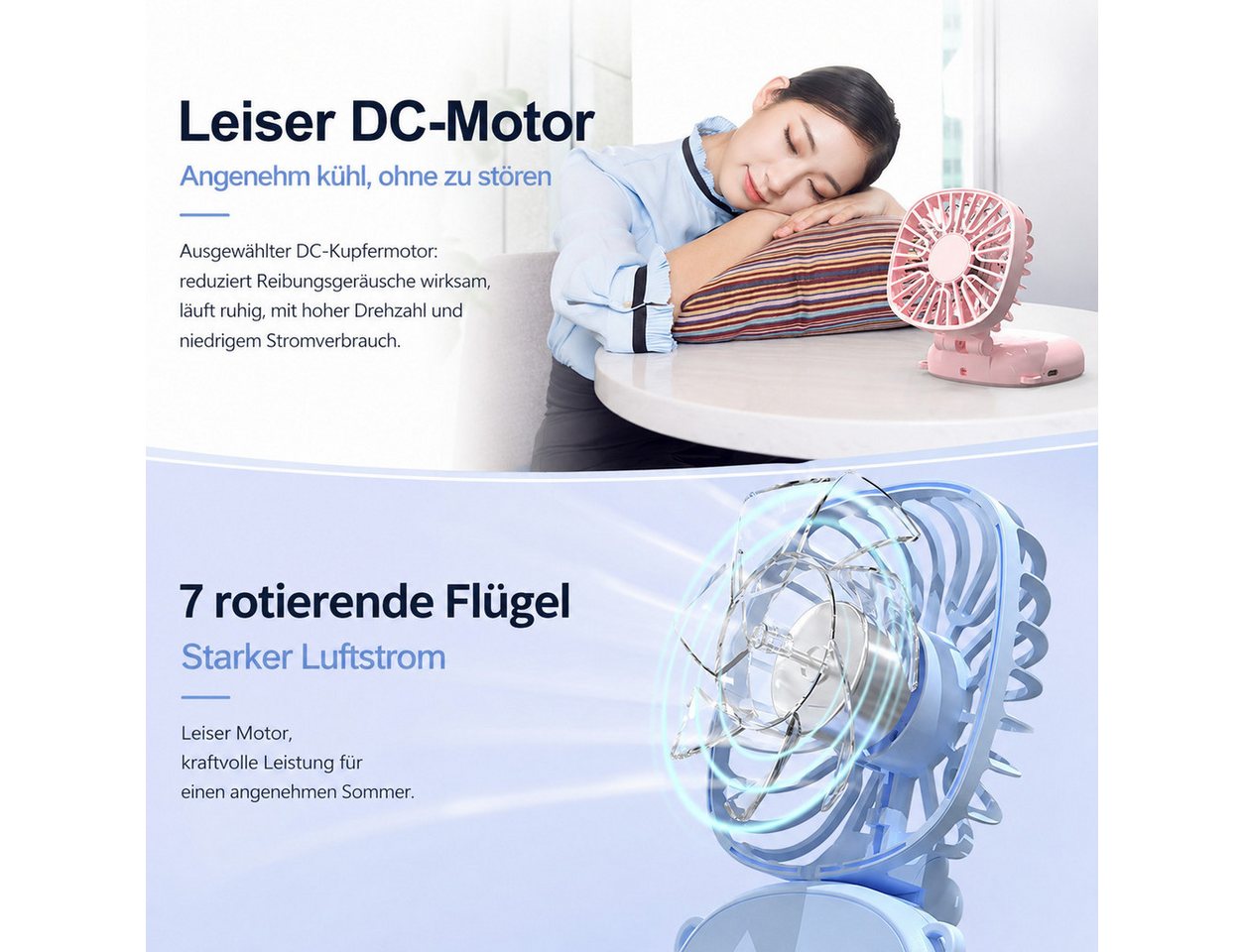 nsihing Handventilator Handventilator 3-in-1, Tragbarer Klappbarer Ventilator, 3 Windstufen, Leicht, Kompakt & Wiederaufladbar Bild 5