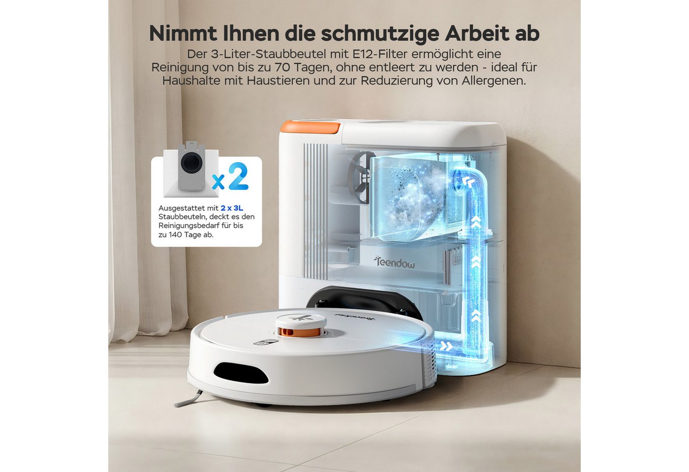 Teendow Saugroboter D20S MAX Saugroboter mit Wischfunktion Selbstreinigung für Tierhaare, 850 W, mit Beutel, Mit Haarschneidemaschine für die Haustierpflege,70 Tage,240min,3L Bild 3