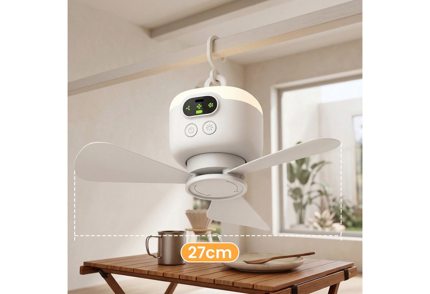 Lapamax Deckenventilator 27 cm Akku-Deckenventilator mit Licht, 8000 mAh und Fernbedienung, 27 cm Durchmesser, Vier Luftstufen, leiser DC-Motor sowie Timerwahl für 2, 4 oder 8 Std. Bild 2