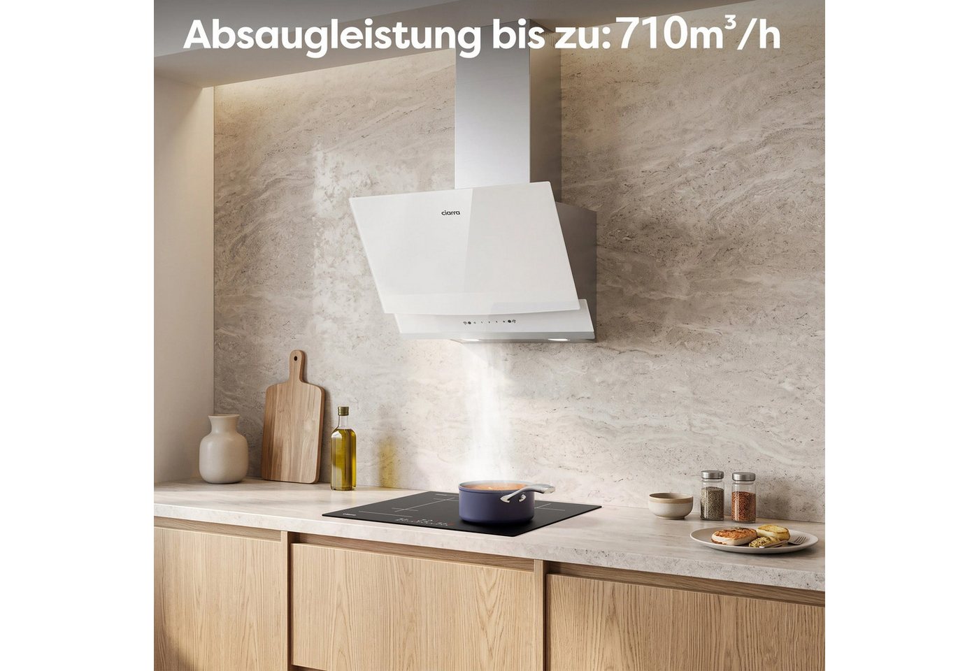 CIARRA Kopffreihaube 60 cm Dunstabzugshaube A+++ 710 m³/h starke Saugleistung CBCW6736A 60 cm Dunstabzugshaube A+++ 710 m³/h starke Saugleistung CBCW6736A, Gestensteuerung & Touch Control, Schräge Wandhaube Umluft & Abluft