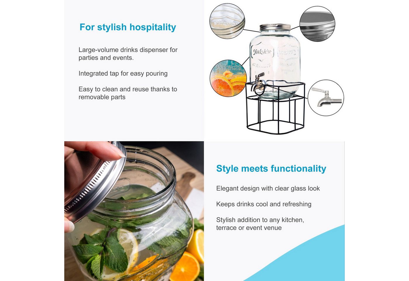 Intirilife Getränkespender, Wasserspender Saftspender Limonadenspender Glasbehälter für Getränke Bild 5