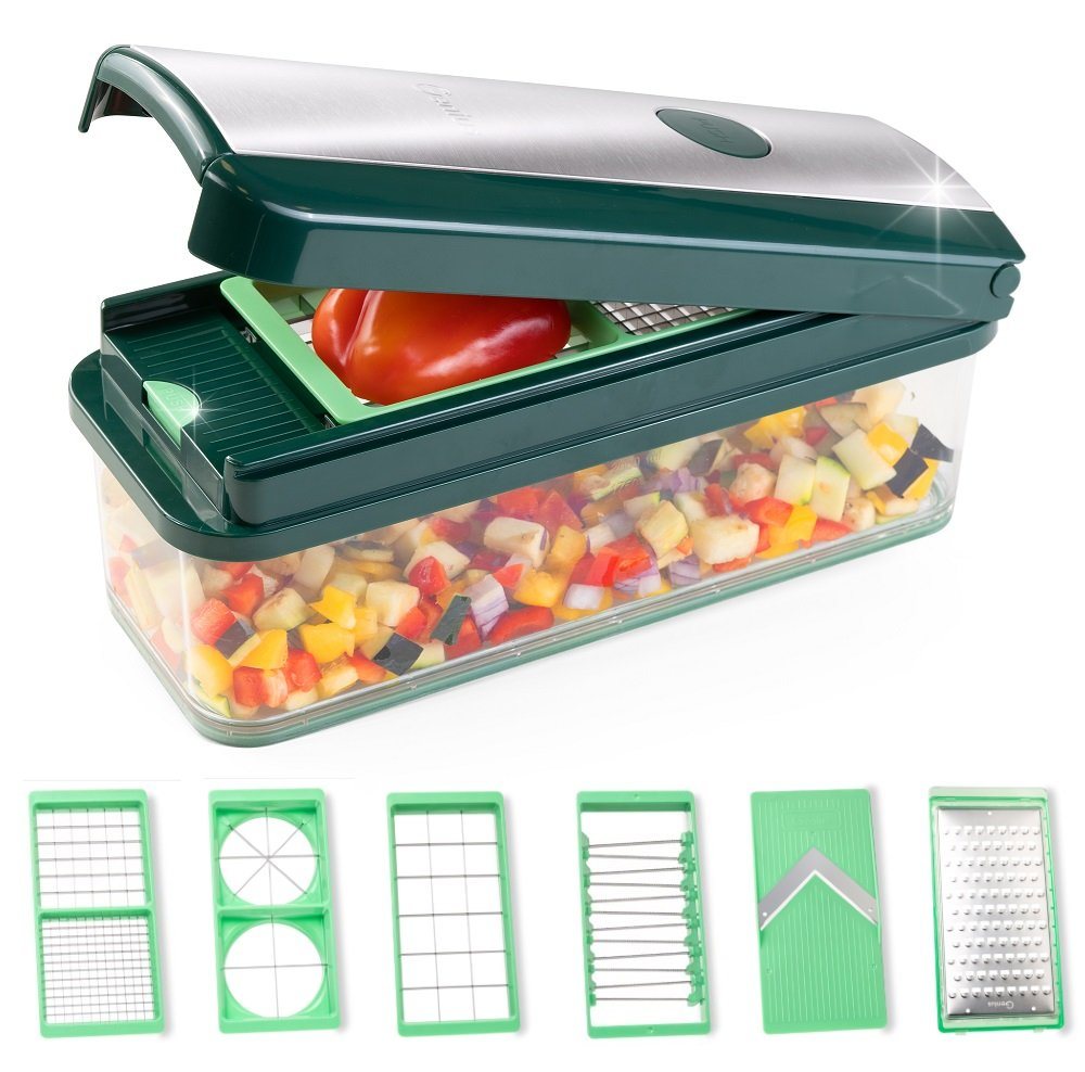 Genius Gemüseschneider Genius Nicer Dicer Exclusive Gemüseschneider 15tlg, 4 Einsätze + Reibe grob & Hobel + Behälter 2500ml