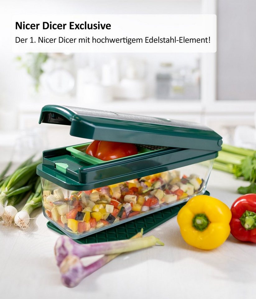 Genius Gemüseschneider Genius Nicer Dicer Exclusive Gemüseschneider 15tlg, 4 Einsätze + Reibe grob & Hobel + Behälter 2500ml Bild 3