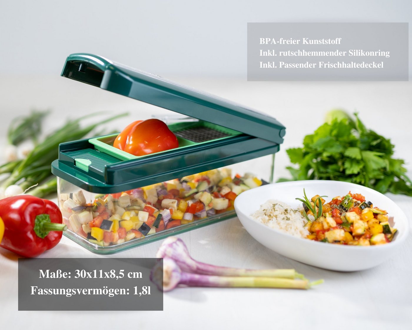 Genius Gemüseschneider Genius Nicer Dicer Exclusive Gemüseschneider 15tlg, 4 Einsätze + Reibe grob & Hobel + Behälter 2500ml Bild 4