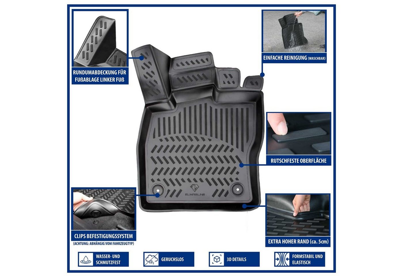ELMASLINE Auto-Fußmatten Gummi (4 St), für SKODA SUPERB 2 (2008-2015) Typ 3T (2. Generation) - 3D Gummimatten mit extra hohem Rand für mehr Schutz - Passend für Baujahre:, 2008 - 2015 Bild 3