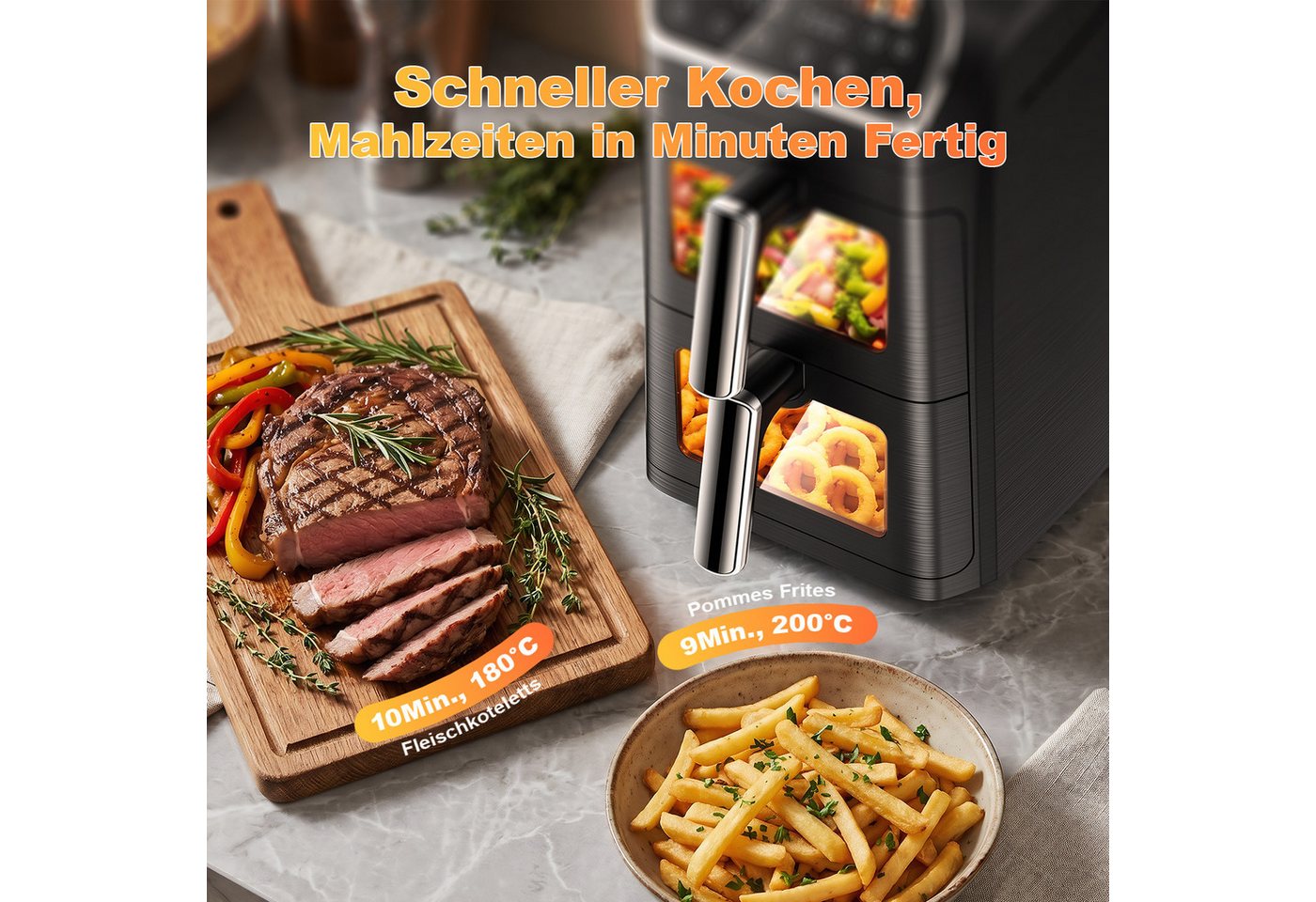 oyajia Heißluftfritteuse Heißluftfritteuse 2 Kammern, Airfryer 9L mit 8 voreingestellte Programme, LED Touch Farbdisplay, Sichtfenster, Unabhängige Temperaturregelung, 2800,00 W, Antihaft-Metallkörbe,4.5L+4.5L,fettarmes gesundes Kochen
