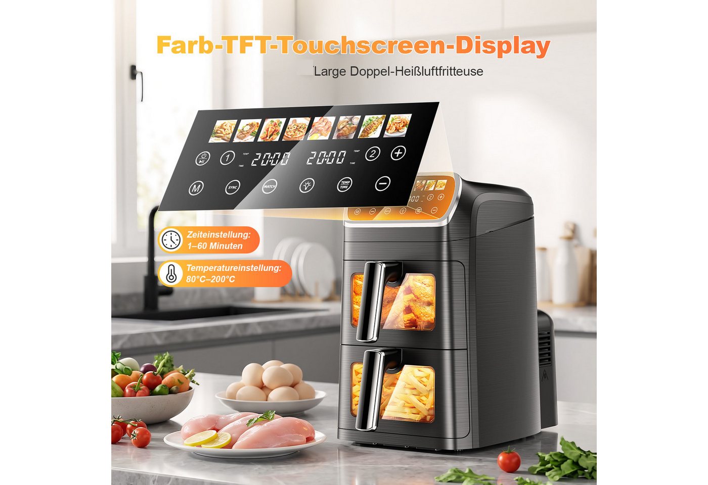 oyajia Heißluftfritteuse Heißluftfritteuse 2 Kammern, Airfryer 9L mit 8 voreingestellte Programme, LED Touch Farbdisplay, Sichtfenster, Unabhängige Temperaturregelung, 2800,00 W, Antihaft-Metallkörbe,4.5L+4.5L,fettarmes gesundes Kochen Bild 2