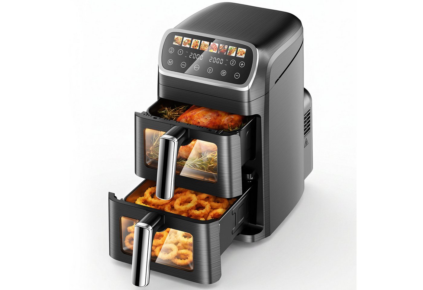 oyajia Heißluftfritteuse Heißluftfritteuse 2 Kammern, Airfryer 9L mit 8 voreingestellte Programme, LED Touch Farbdisplay, Sichtfenster, Unabhängige Temperaturregelung, 2800,00 W, Antihaft-Metallkörbe,4.5L+4.5L,fettarmes gesundes Kochen Bild 3