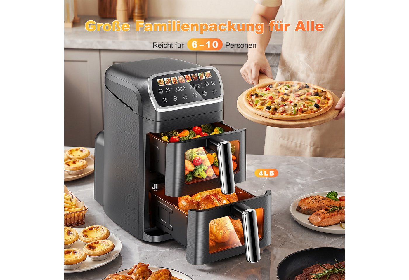 oyajia Heißluftfritteuse Heißluftfritteuse 2 Kammern, Airfryer 9L mit 8 voreingestellte Programme, LED Touch Farbdisplay, Sichtfenster, Unabhängige Temperaturregelung, 2800,00 W, Antihaft-Metallkörbe,4.5L+4.5L,fettarmes gesundes Kochen Bild 4