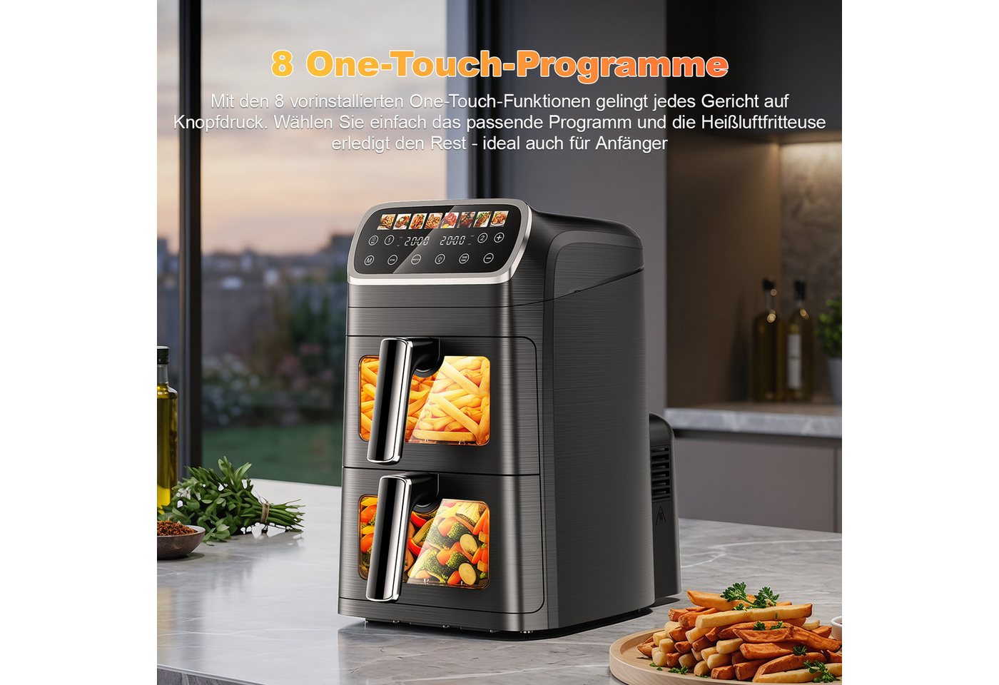 oyajia Heißluftfritteuse Heißluftfritteuse 2 Kammern, Airfryer 9L mit 8 voreingestellte Programme, LED Touch Farbdisplay, Sichtfenster, Unabhängige Temperaturregelung, 2800,00 W, Antihaft-Metallkörbe,4.5L+4.5L,fettarmes gesundes Kochen Bild 5