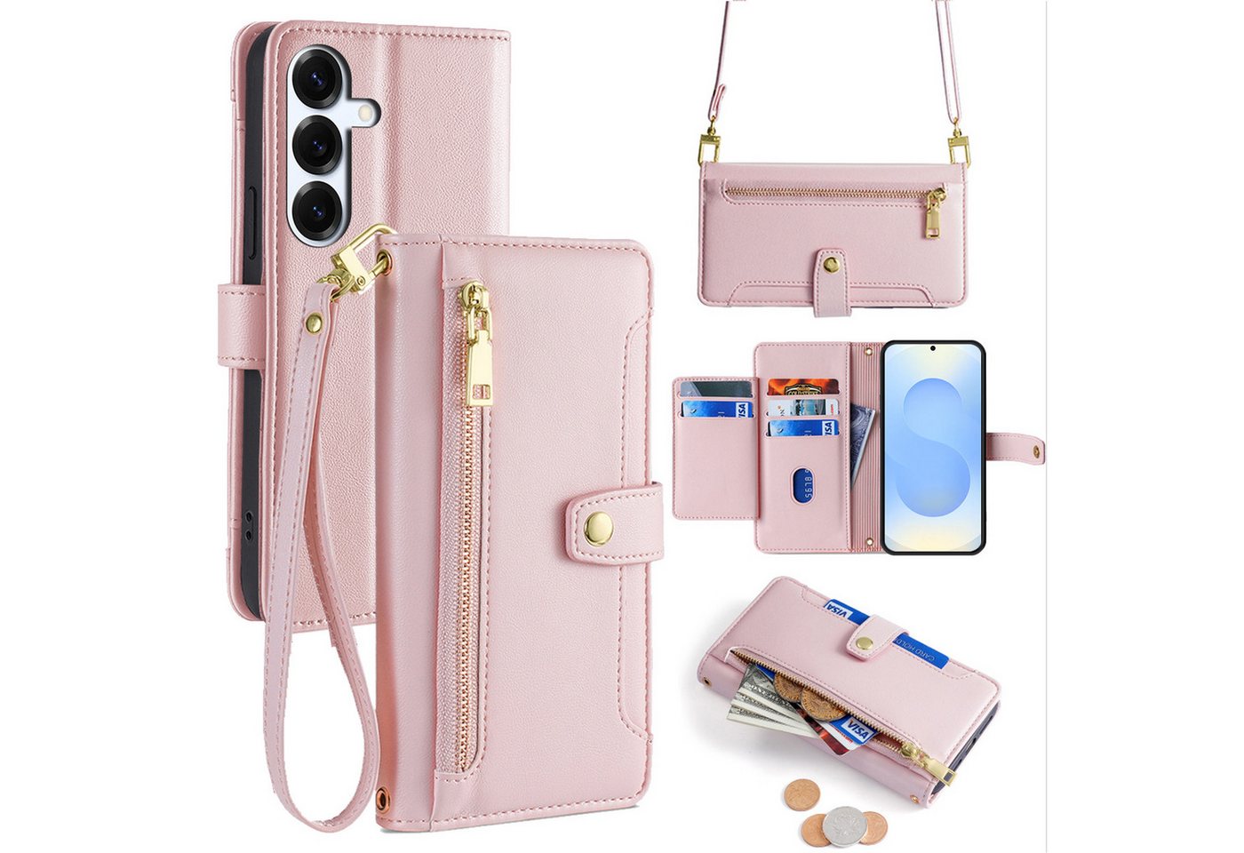 betterfon Handykette für Samsung Galaxy S25 mit Band Kartenfächer PU Leder Rosa, Hände frei – mit Silikonhülle & Schnur für flexiblen Alltag