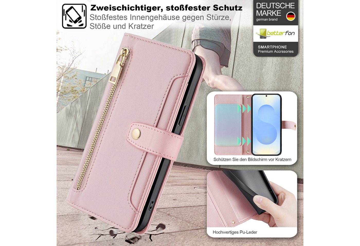 betterfon Handykette für Samsung Galaxy S25 mit Band Kartenfächer PU Leder Rosa, Hände frei – mit Silikonhülle & Schnur für flexiblen Alltag Bild 4