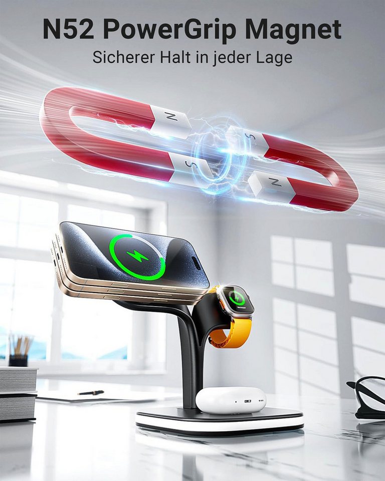 GreenHec Ladestation 3in1 MagSafe Ladegerät Kabellos Induktiv Charger Stand Wireless Charger (3 mA, Spar-Set, 3in1 PowerBase + USB-C Kabel + 20w Dual Charger, iPhone 18 17 16 15 14 13 Pro Max Air, Airpods, Apple Watch Wireless) Bild 2