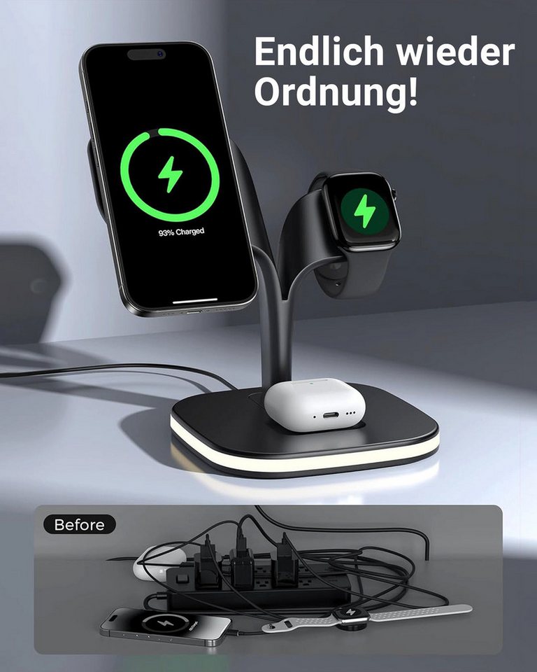 GreenHec Ladestation 3in1 MagSafe Ladegerät Kabellos Induktiv Charger Stand Wireless Charger (3 mA, Spar-Set, 3in1 PowerBase + USB-C Kabel + 20w Dual Charger, iPhone 18 17 16 15 14 13 Pro Max Air, Airpods, Apple Watch Wireless) Bild 3