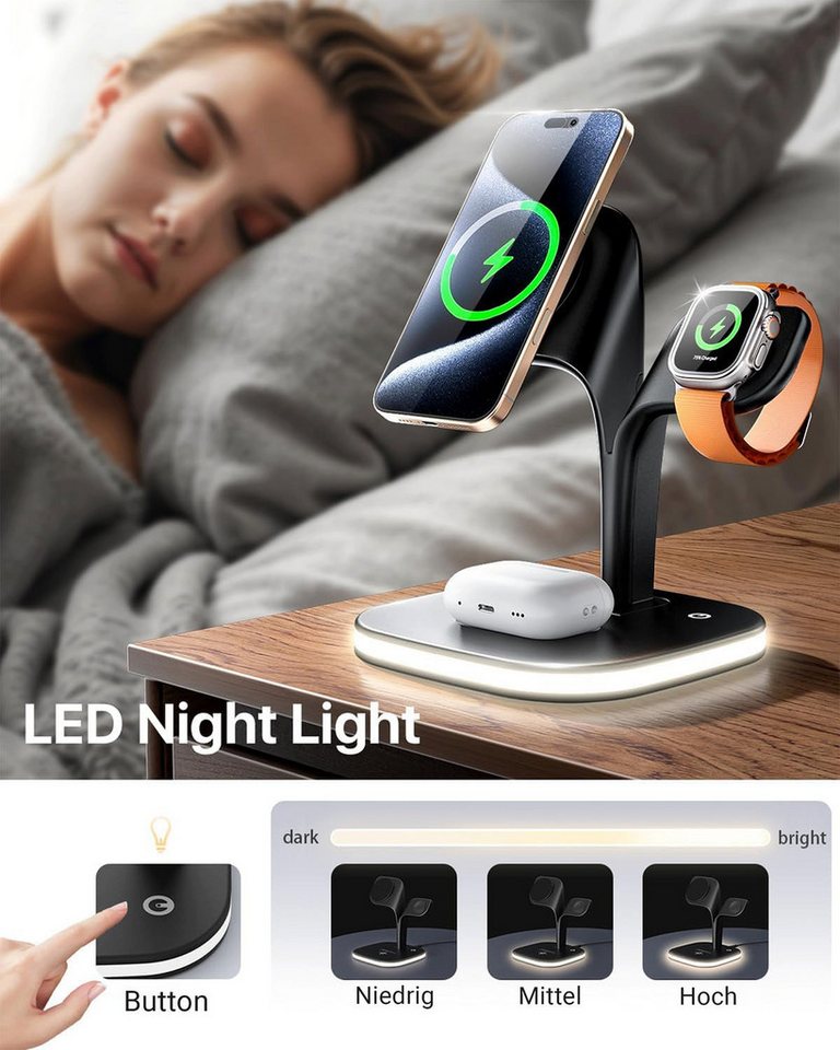 GreenHec Ladestation 3in1 MagSafe Ladegerät Kabellos Induktiv Charger Stand Wireless Charger (3 mA, Spar-Set, 3in1 PowerBase + USB-C Kabel + 20w Dual Charger, iPhone 18 17 16 15 14 13 Pro Max Air, Airpods, Apple Watch Wireless) Bild 4
