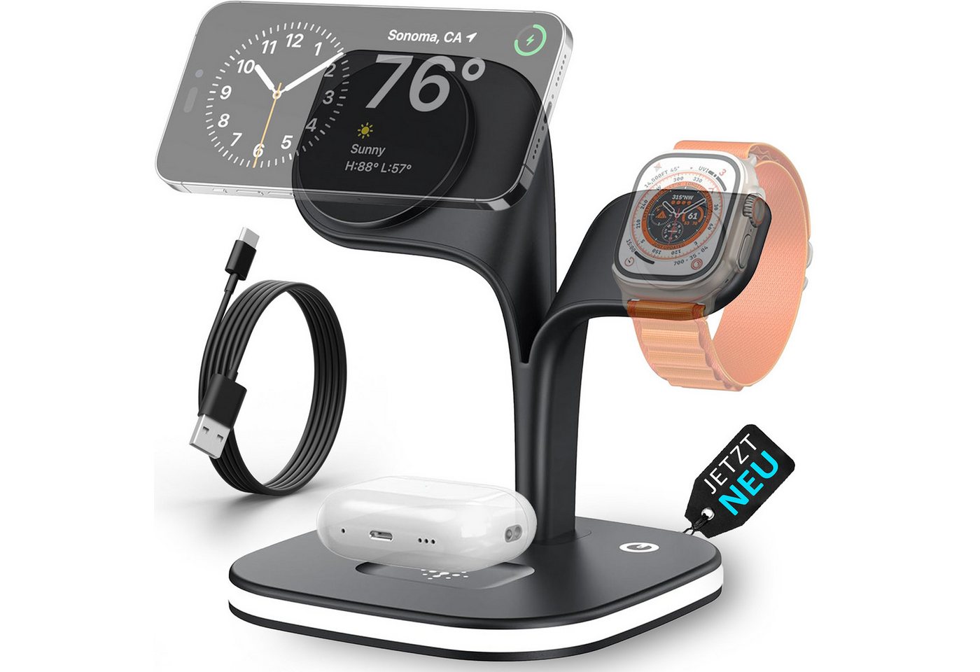 GreenHec Ladestation 3in1 MagSafe Ladegerät Kabellos Induktiv Charger Stand Wireless Charger (3 mA, Spar-Set, 3in1 PowerBase + USB-C Kabel + 20w Dual Charger, iPhone 18 17 16 15 14 13 Pro Max Air, Airpods, Apple Watch Wireless) Bild 5