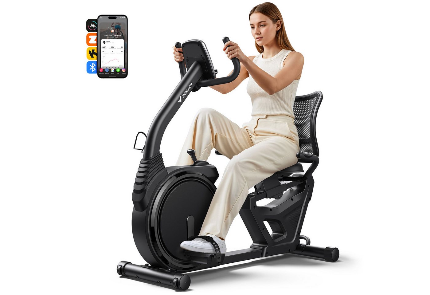 MERACH Liege-Heimtrainer für Zuhause, gelenkschonendes Fitnessbike bis 135 kg (mit LCD-Display, mit Bluetooth & exklusiver MERACH App, Pulssensoren, Tablet-Halter, 8-Stufen-Magnetwiderstand, flüsterleise), Dual-Belt-Antrieb, ergonomischer Sitz mit Rückenlehne Bild 3
