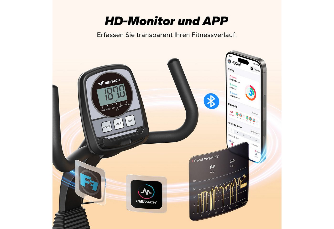 MERACH Liege-Heimtrainer für Zuhause, gelenkschonendes Fitnessbike bis 135 kg (mit LCD-Display, mit Bluetooth & exklusiver MERACH App, Pulssensoren, Tablet-Halter, 8-Stufen-Magnetwiderstand, flüsterleise), Dual-Belt-Antrieb, ergonomischer Sitz mit Rückenlehne Bild 4