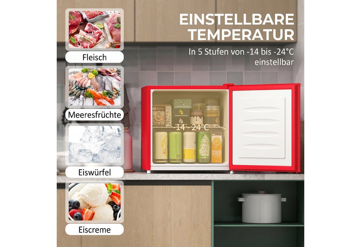 HOMCOM Gefrierschrank Gefriertruhe 800-127V90RD, 48,8 cm hoch, 47 cm breit, -14 bis -24℃ 5-stufige Temperaturregelung Bild 3