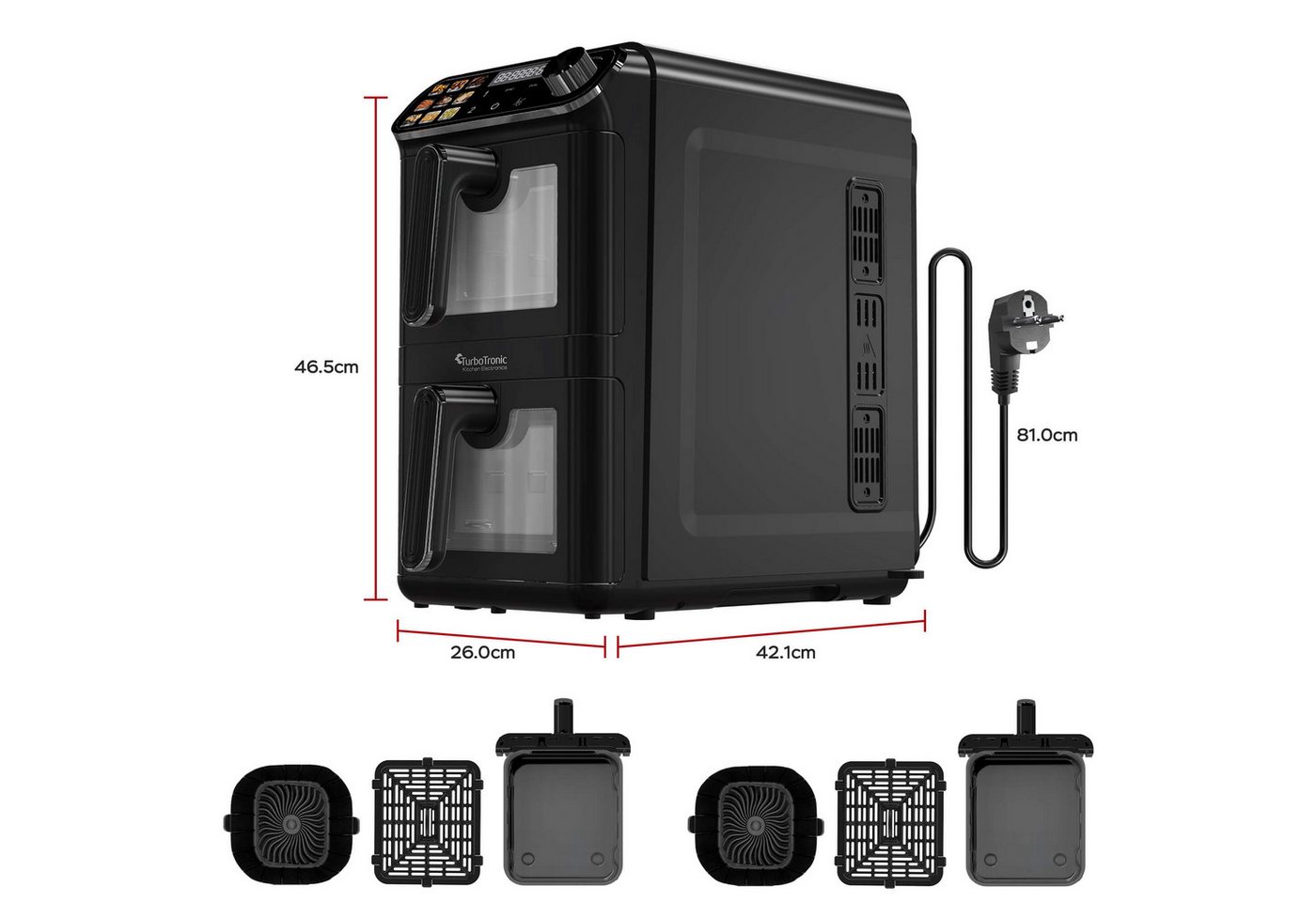 TurboTronic by Z-Line Heißluftfritteuse mit 2 Kammern Übereinander, XXL Doppelkammer Airfryer 11L, Dual Zone, 2460 W, Umluft Backofen Edelstahl fettarmes gesundes Kochen wenig Öl