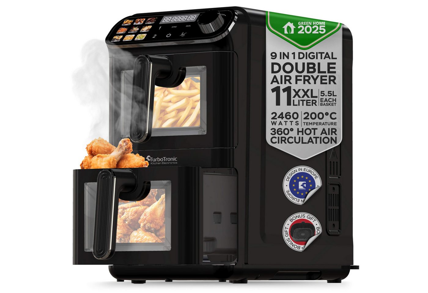 TurboTronic by Z-Line Heißluftfritteuse mit 2 Kammern Übereinander, XXL Doppelkammer Airfryer 11L, Dual Zone, 2460 W, Umluft Backofen Edelstahl fettarmes gesundes Kochen wenig Öl Bild 3
