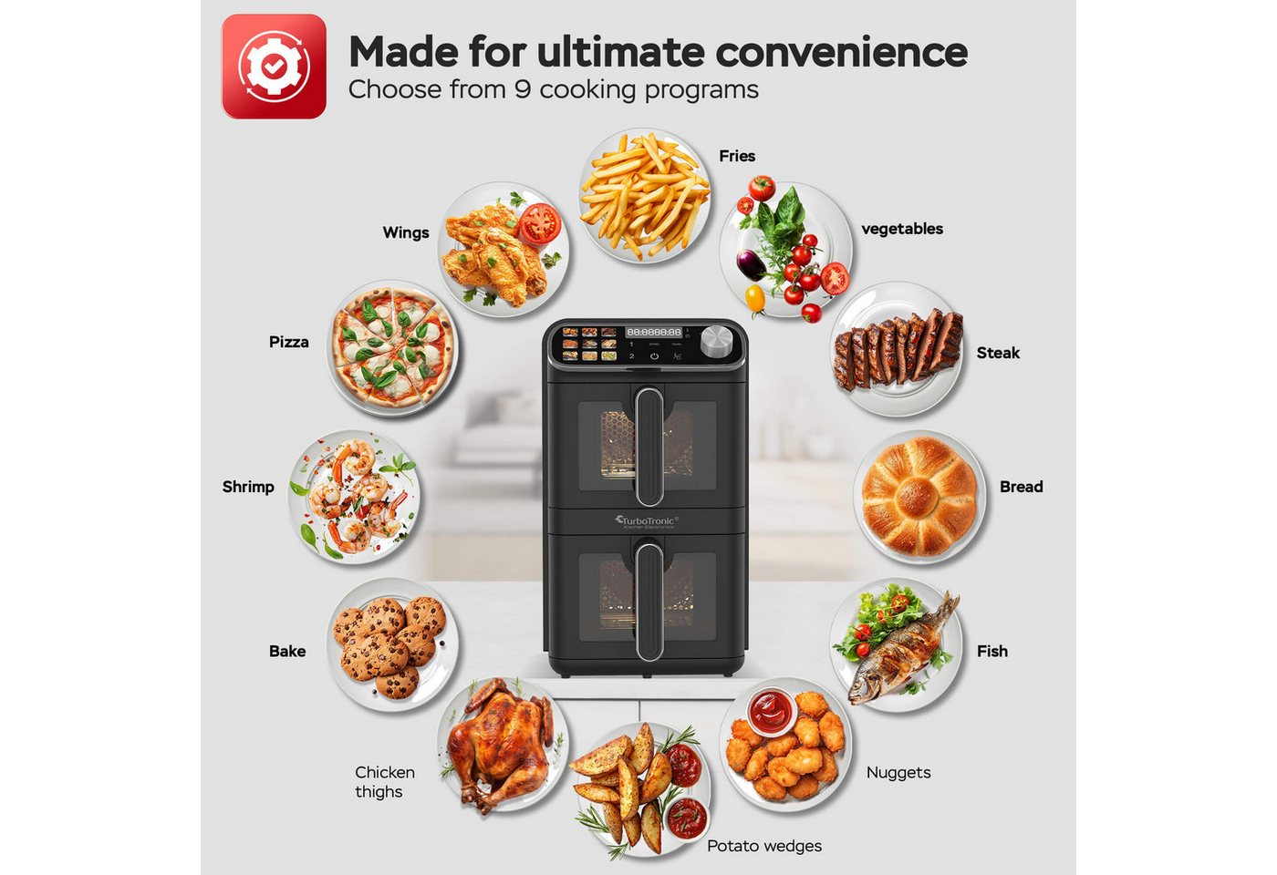 TurboTronic by Z-Line Heißluftfritteuse mit 2 Kammern Übereinander, XXL Doppelkammer Airfryer 11L, Dual Zone, 2460 W, Umluft Backofen Edelstahl fettarmes gesundes Kochen wenig Öl Bild 5
