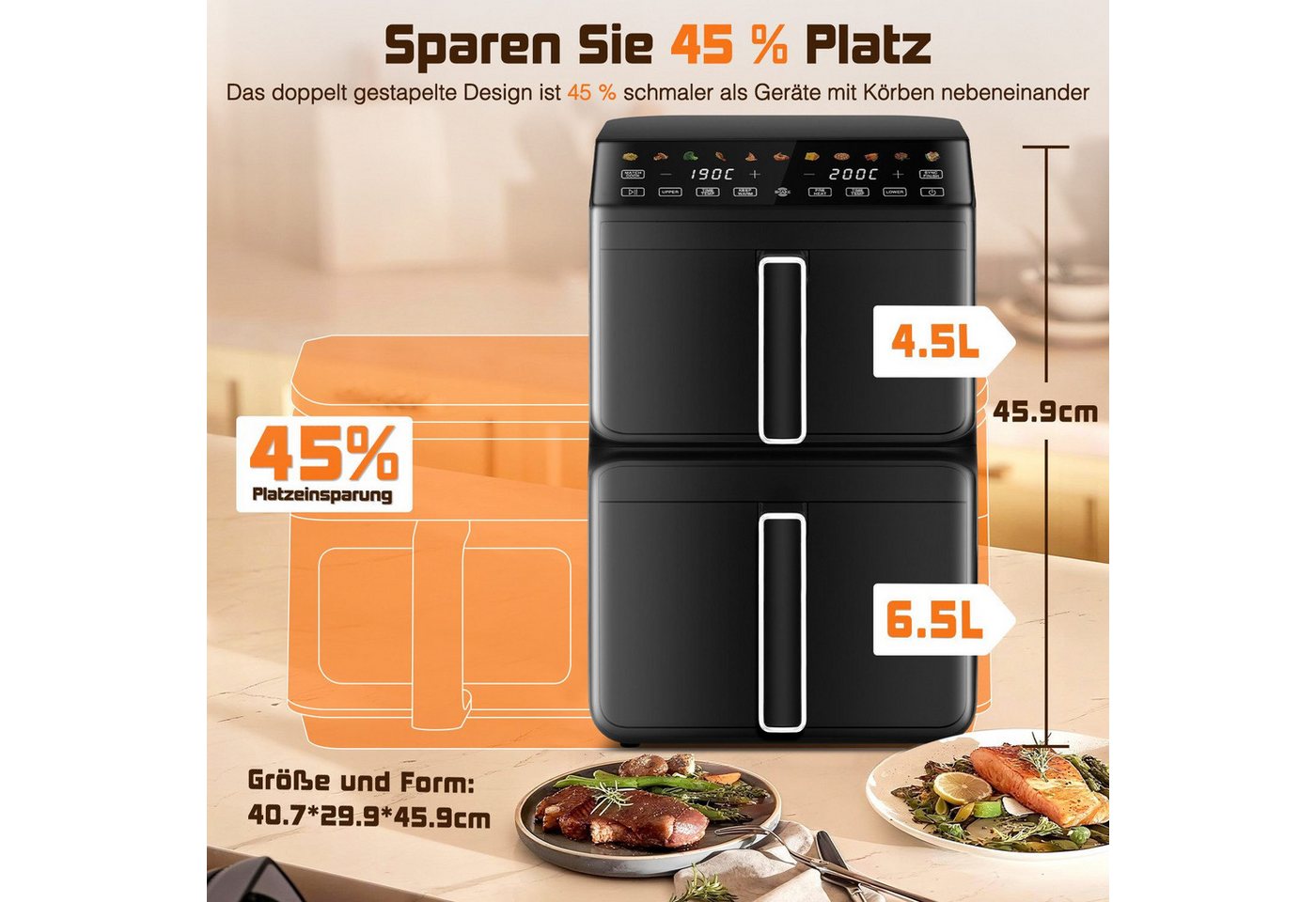 Fukstern Heißluftfritteuse 2 Kammern, Airfryer 11L mit 11 voreingestellte Programme,Touchdisplay, Unabhängige Temperaturregelung, 3000 W, Antihaft-Metallkörbe,4.5L+6.5L,fettarmes gesundes Kochen Bild 3