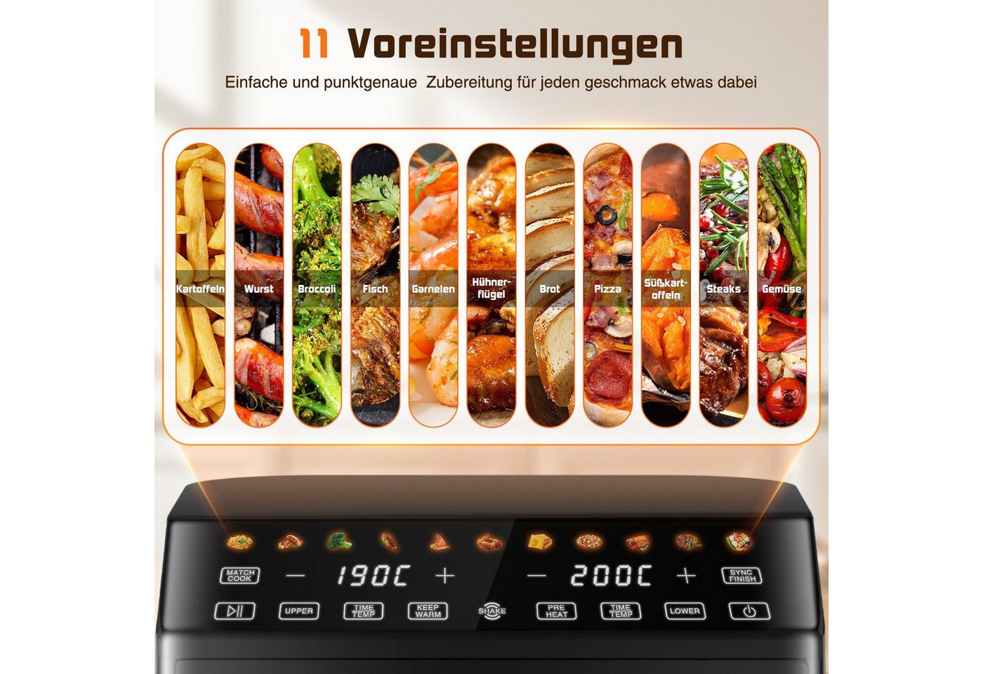 Fukstern Heißluftfritteuse 2 Kammern, Airfryer 11L mit 11 voreingestellte Programme,Touchdisplay, Unabhängige Temperaturregelung, 3000 W, Antihaft-Metallkörbe,4.5L+6.5L,fettarmes gesundes Kochen Bild 5