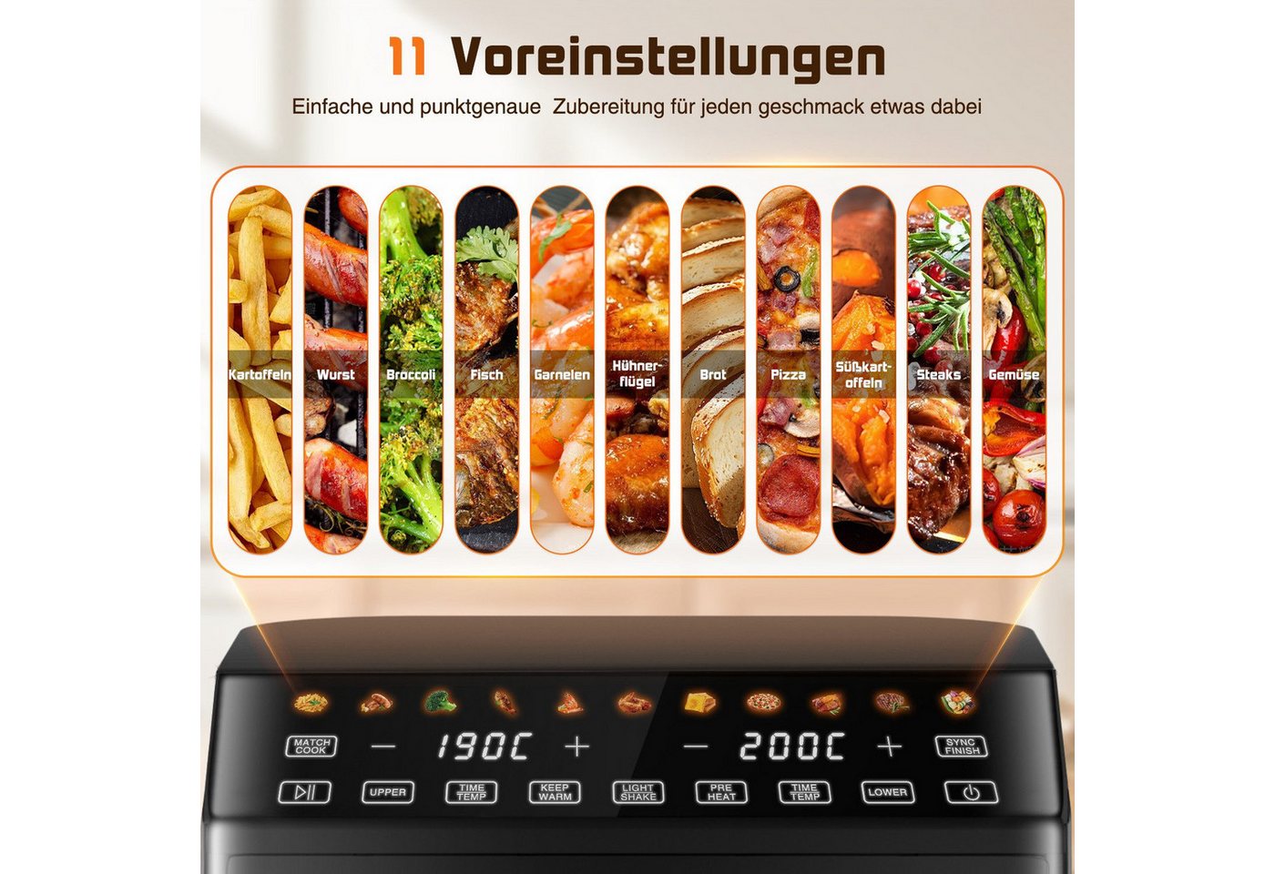 Fukstern Heißluftfritteuse 2 Kammern, Airfryer 11L mit 11 voreingestellte Programme,Touchdisplay, Sichtfenster, Unabhängige Temperaturregelung, 3000 W, Antihaft-Metallkörbe,4.5L+6.5L,fettarmes gesundes Kochen Bild 3