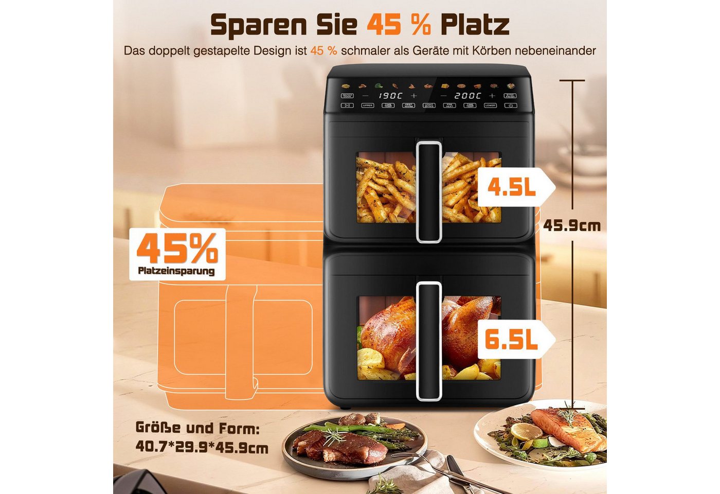 Fukstern Heißluftfritteuse 2 Kammern, Airfryer 11L mit 11 voreingestellte Programme,Touchdisplay, Sichtfenster, Unabhängige Temperaturregelung, 3000 W, Antihaft-Metallkörbe,4.5L+6.5L,fettarmes gesundes Kochen Bild 5