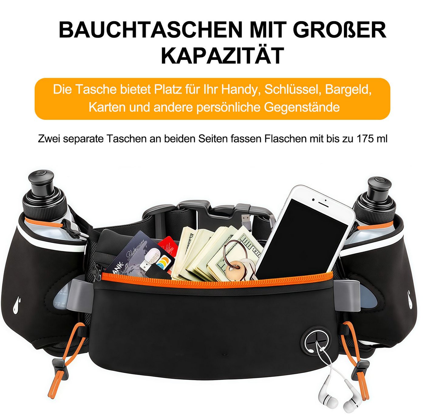 MOPUEA Laufgürtel Running Waist Pack, Laufgürtel mit Wasserflasche, Fitness (für Marathon, Laufen, Wandern, Radfahren, 1-St., Trinkgürtel, wasserdichte Hüfttasche) passend für iPhones, verstellbare Sport-Hüfttasche Bild 3