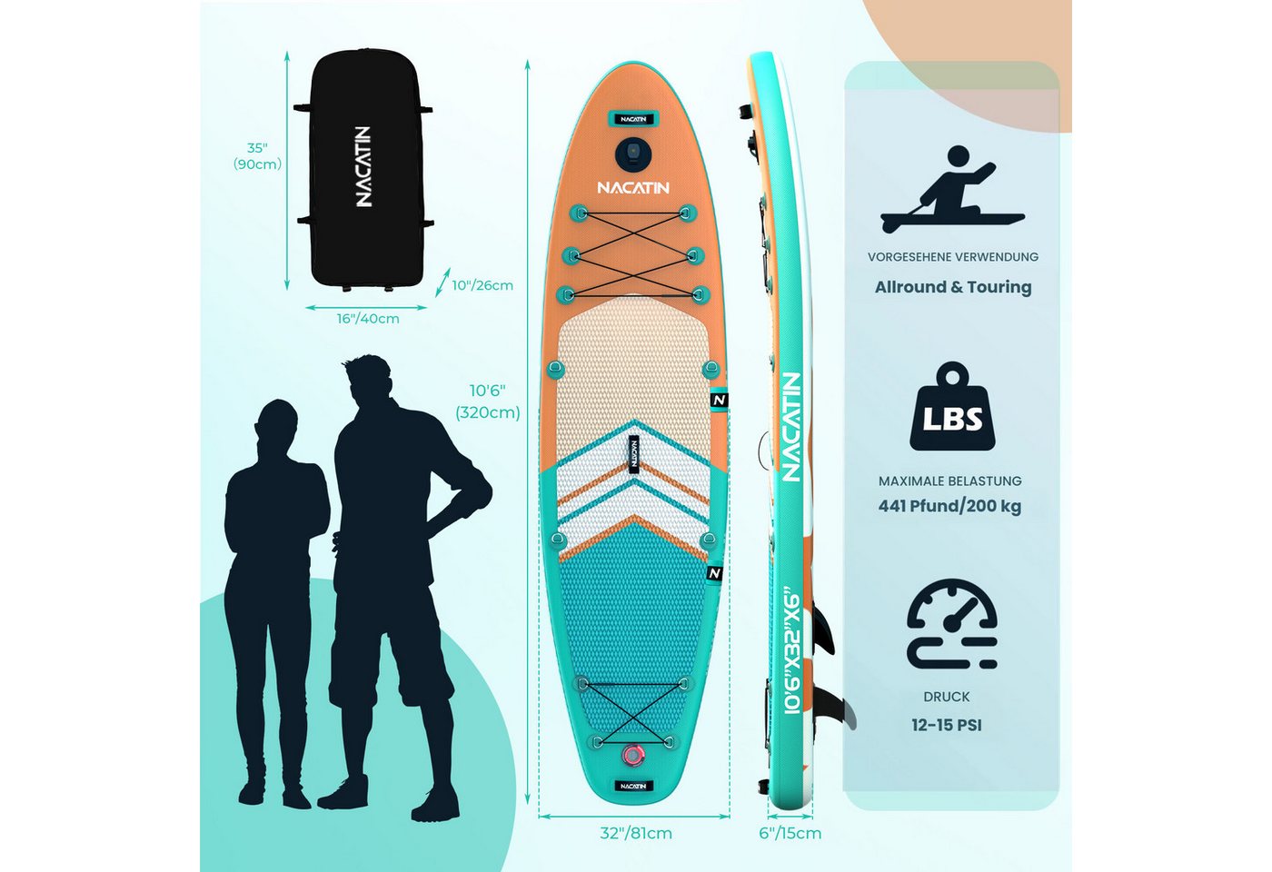 NACATIN Inflatable SUP-Board 320 cm, Aufblasbares Stand-Up-Paddle Board für Allround & Touring, Inflatable SUP Board, (inkl. Rucksack, 10L Trockenbeutel, Handyhülle & Schultergurt), mit umfangreichem Zubehör Bild 3