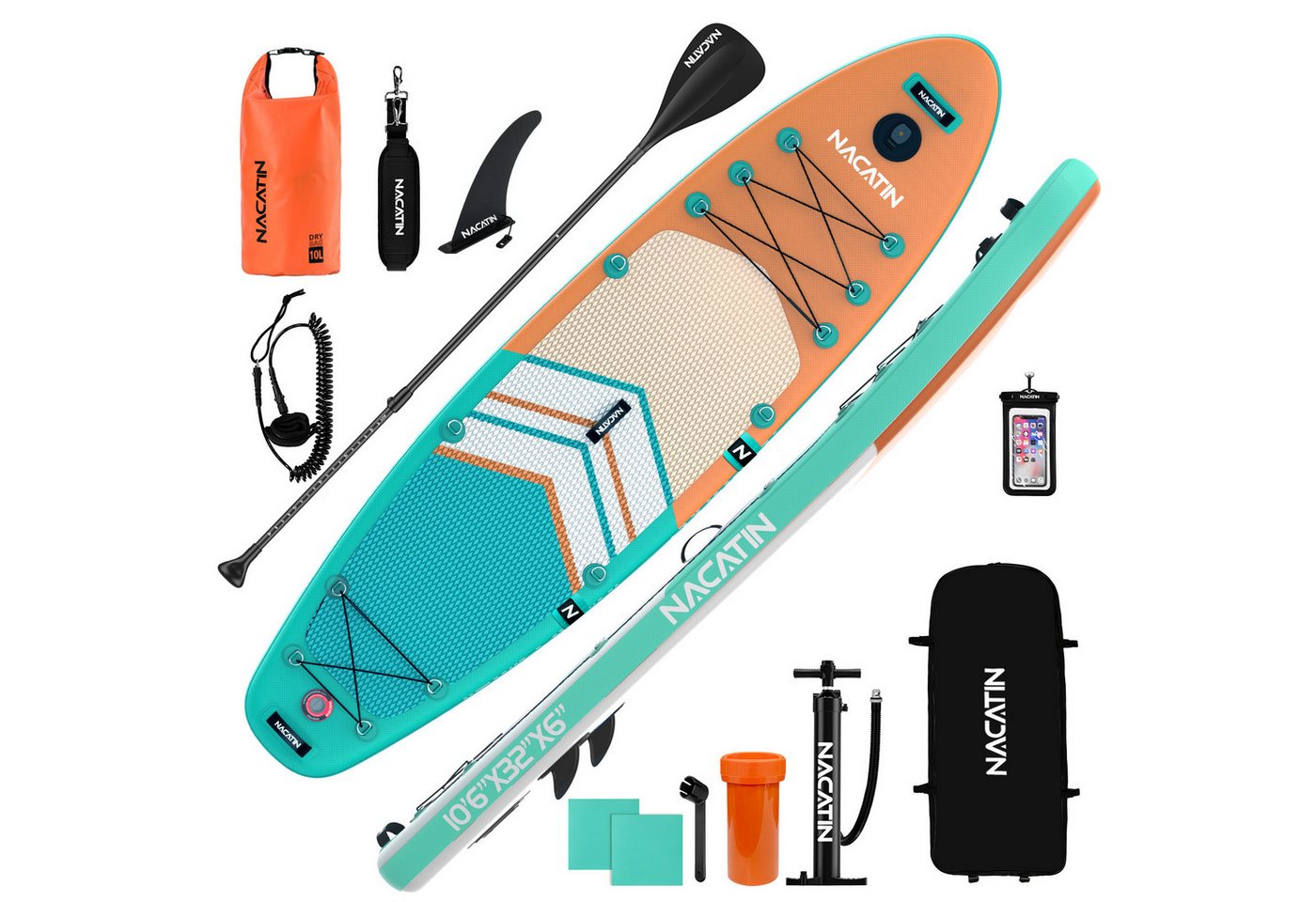 NACATIN Inflatable SUP-Board 320 cm, Aufblasbares Stand-Up-Paddle Board für Allround & Touring, Inflatable SUP Board, (inkl. Rucksack, 10L Trockenbeutel, Handyhülle & Schultergurt), mit umfangreichem Zubehör Bild 5