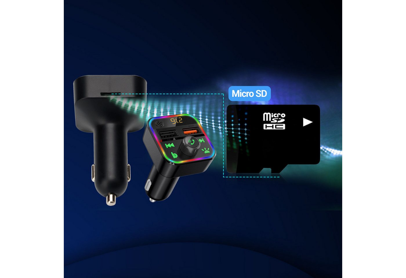 Casativo FM Transmitter mit Bluetooth 5 USB-A Ladeports & Freisprechfunktion KFZ-Transmitter, USB/SD Musik, MP3/FLAC, Bassboost, LED, 12/24V, Auto-Off