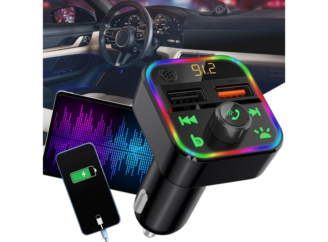 Casativo FM Transmitter mit Bluetooth 5 USB-A Ladeports & Freisprechfunktion KFZ-Transmitter, USB/SD Musik, MP3/FLAC, Bassboost, LED, 12/24V, Auto-Off Bild 3