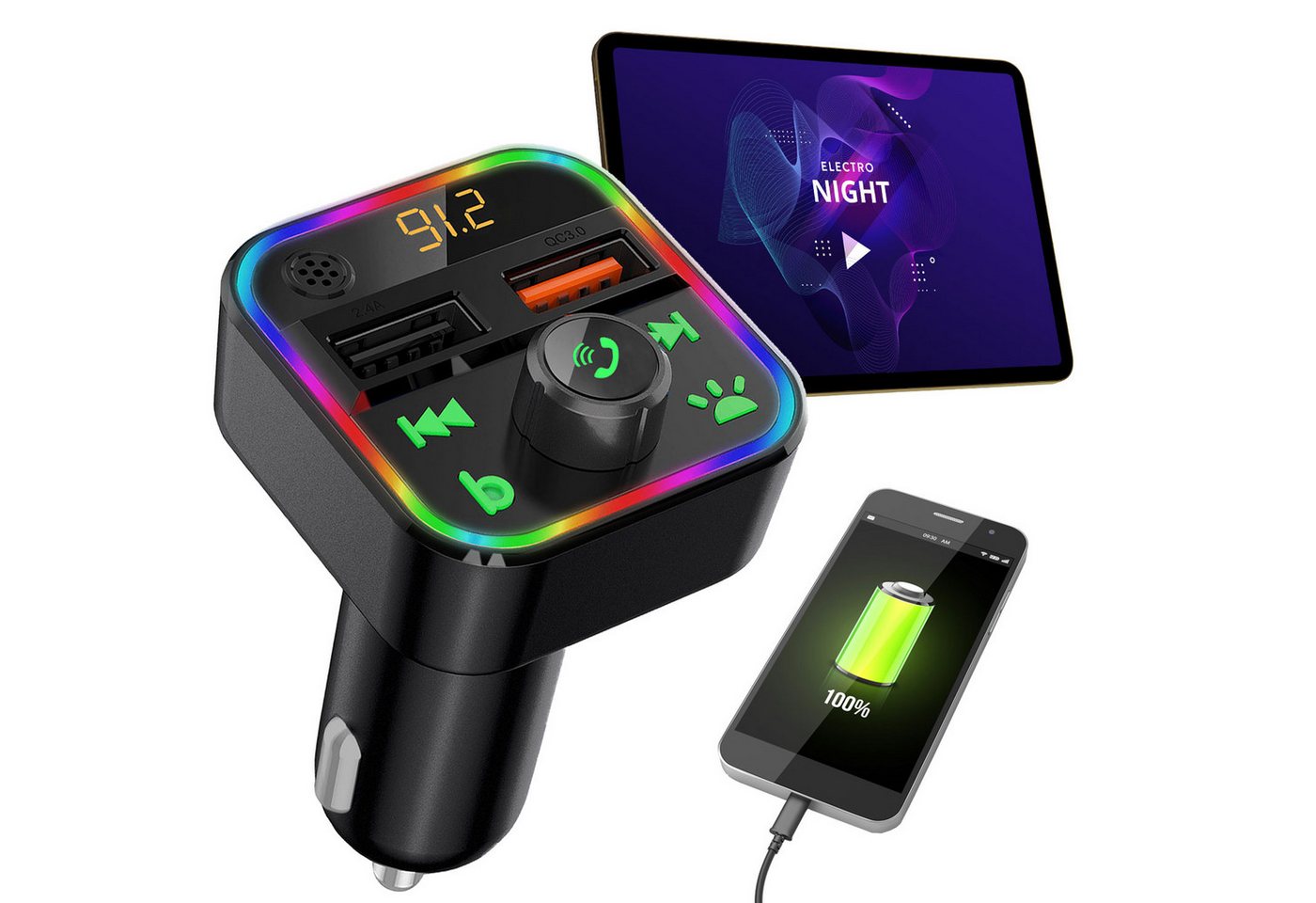 Casativo FM Transmitter mit Bluetooth 5 USB-A Ladeports & Freisprechfunktion KFZ-Transmitter, USB/SD Musik, MP3/FLAC, Bassboost, LED, 12/24V, Auto-Off Bild 4