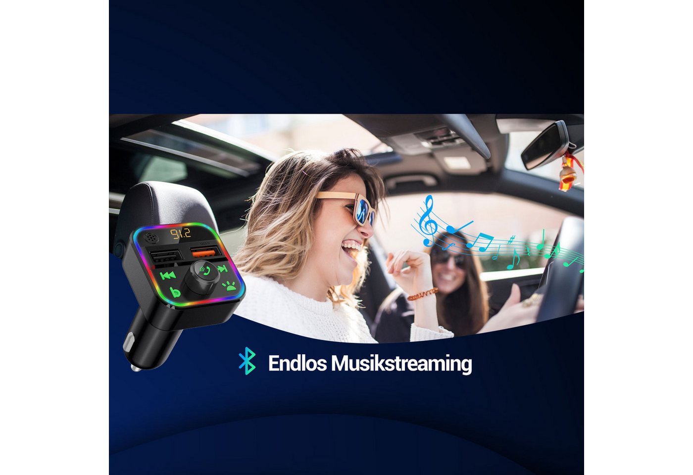 Casativo FM Transmitter mit Bluetooth 5 USB-A Ladeports & Freisprechfunktion KFZ-Transmitter, USB/SD Musik, MP3/FLAC, Bassboost, LED, 12/24V, Auto-Off Bild 5