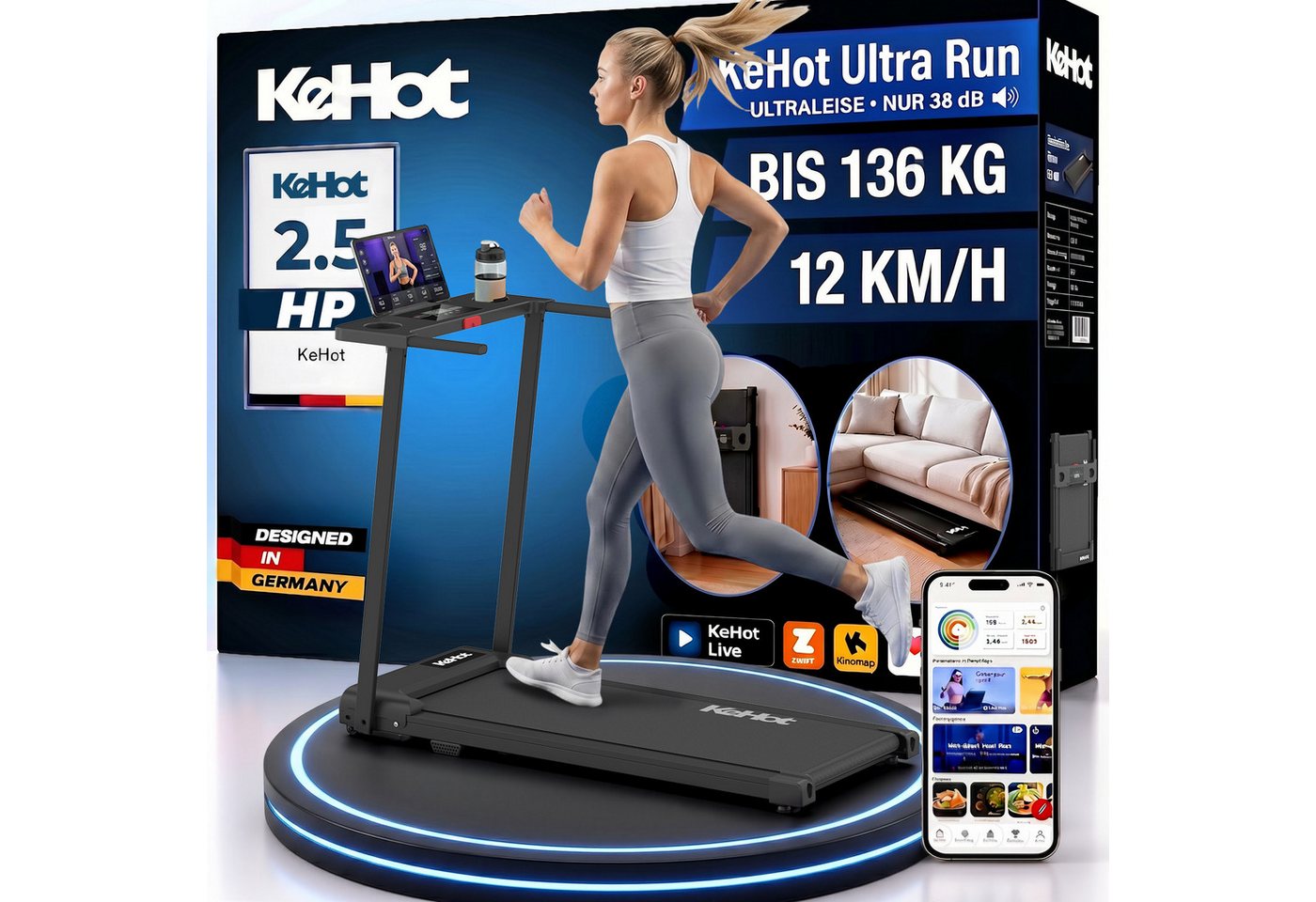 kehot Laufband Laufband klappbar bis 136 kg für Walking und Jogging (1–12 km/h mit Stoßdämpfung für gelenkschonendes Training, 2,5 PS Motor für Cardio- und Ausdauertraining zuhause), Platzsparendes Home-Gym Laufband mit Transportrollen