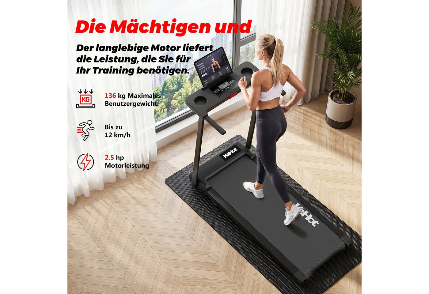 kehot Laufband Laufband klappbar bis 136 kg für Walking und Jogging (1–12 km/h mit Stoßdämpfung für gelenkschonendes Training, 2,5 PS Motor für Cardio- und Ausdauertraining zuhause), Platzsparendes Home-Gym Laufband mit Transportrollen Bild 2