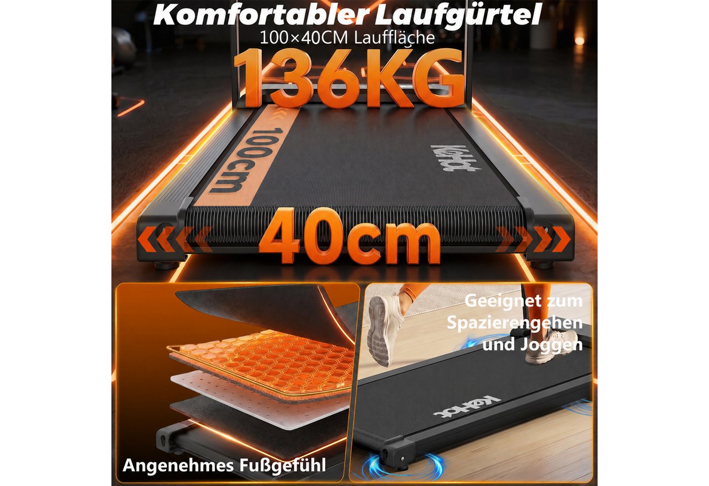 kehot Laufband Laufband klappbar bis 136 kg für Walking und Jogging (1–12 km/h mit Stoßdämpfung für gelenkschonendes Training, 2,5 PS Motor für Cardio- und Ausdauertraining zuhause), Platzsparendes Home-Gym Laufband mit Transportrollen Bild 5