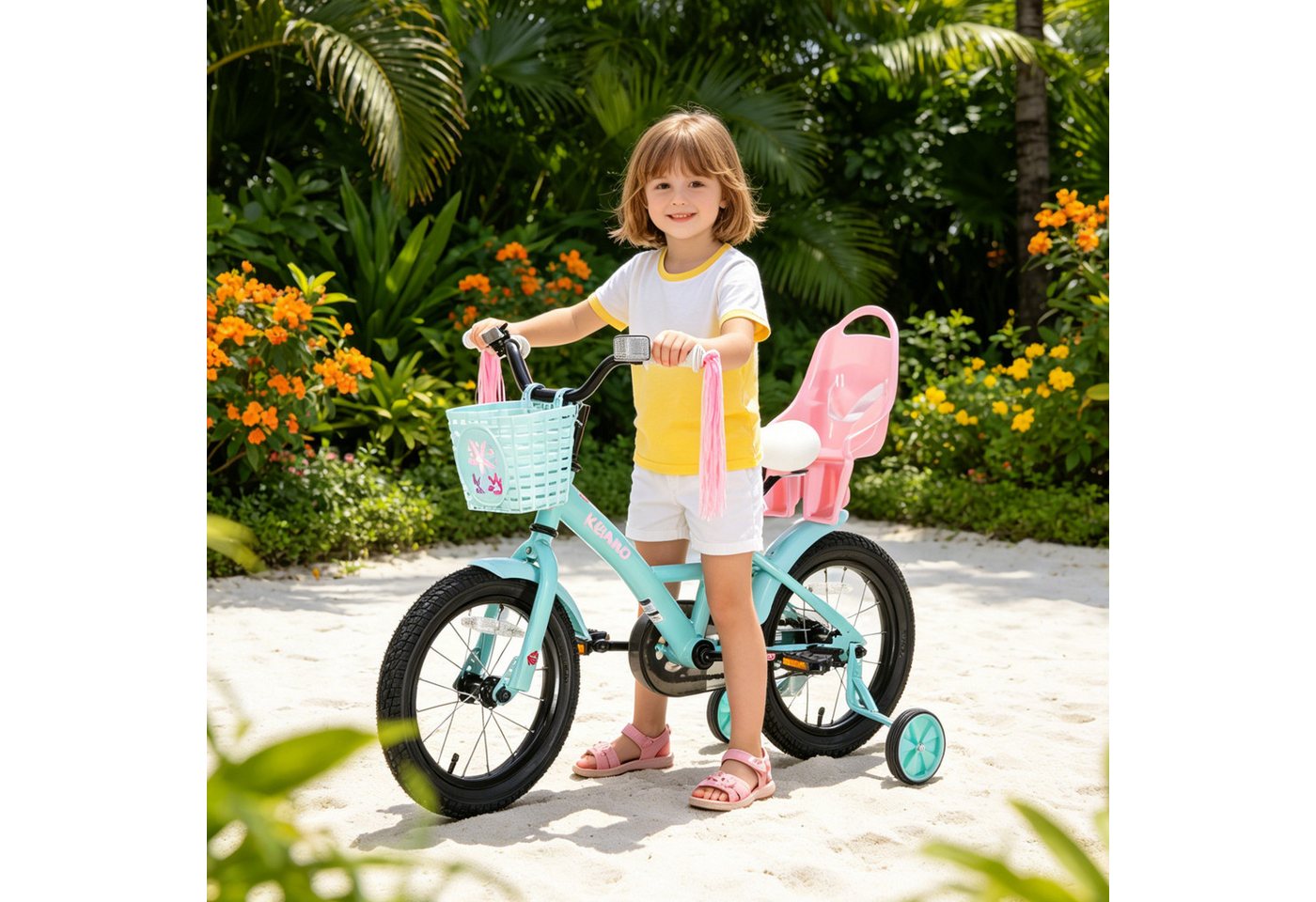 JOYSTAR Kinderfahrrad Mädchenfahrrad 14/16/18/20 Zoll mit Hochkarbonstahlrahmen, mit Puppensitz und Korb,Stützräder, Luftschlangen, Schutzblechen