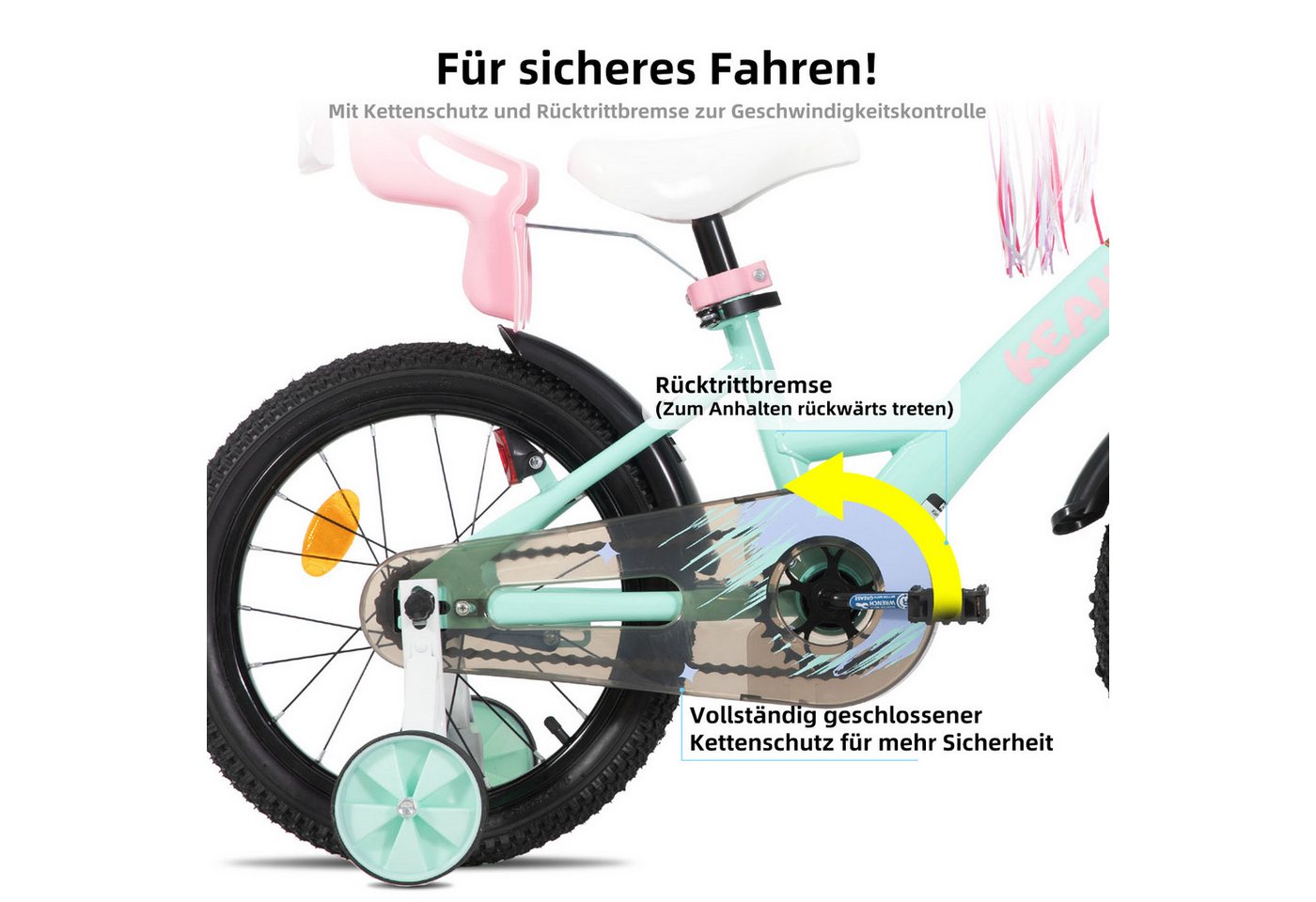 JOYSTAR Kinderfahrrad Mädchenfahrrad 14/16/18/20 Zoll mit Hochkarbonstahlrahmen, mit Puppensitz und Korb,Stützräder, Luftschlangen, Schutzblechen Bild 2