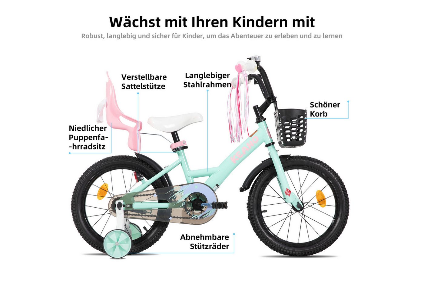 JOYSTAR Kinderfahrrad Mädchenfahrrad 14/16/18/20 Zoll mit Hochkarbonstahlrahmen, mit Puppensitz und Korb,Stützräder, Luftschlangen, Schutzblechen Bild 3