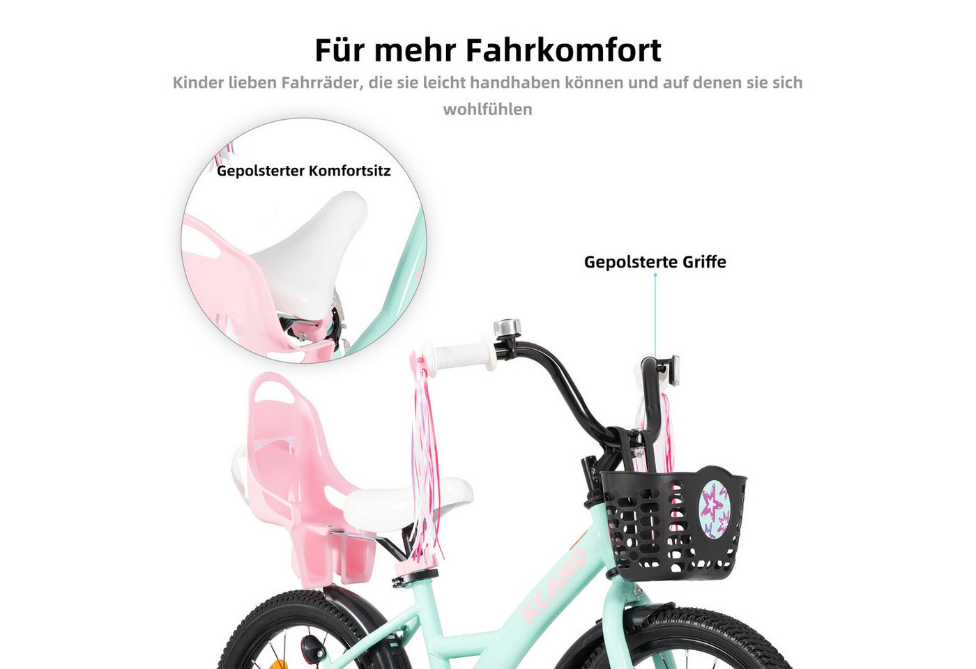 JOYSTAR Kinderfahrrad Mädchenfahrrad 14/16/18/20 Zoll mit Hochkarbonstahlrahmen, mit Puppensitz und Korb,Stützräder, Luftschlangen, Schutzblechen Bild 4