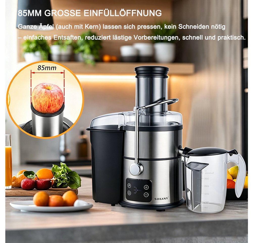 SOKANY Entsafter 1200W, 5 Stufen, 85mm Einfüllöffnung, Touchscreen, Edelstahl, 1200 W Bild 5
