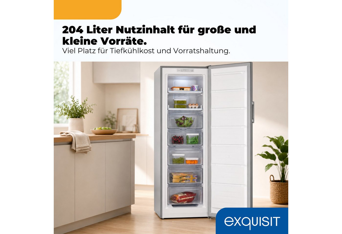 exquisit Gefrierschrank GS5271-NF-H-040C, 170 cm hoch, 54,5 cm breit, 204 l Nutzinhalt, 4 Gefrierschubladen, Energieklasse C, 39 dB Bild 3